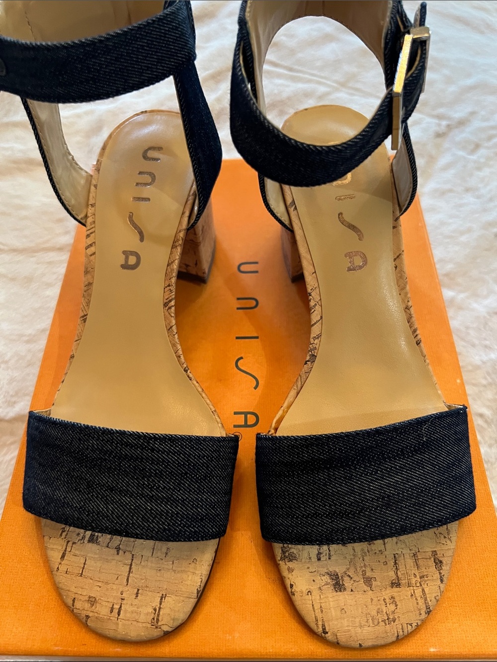 Unisa Black Denim Cork Block Heel Sandals